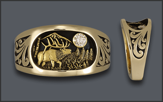 Men's 14 k Elk Ring with Larger Diamond moon and scroll sides