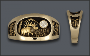 Men's 14 k Elk Ring with larger diamond moon and trees on sides