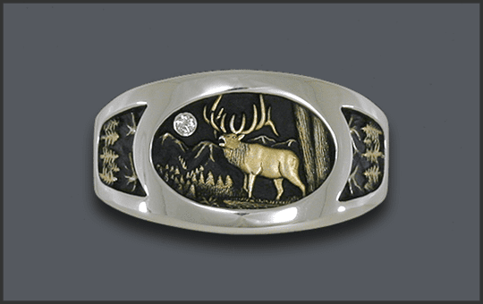 Silver Men's Bull Elk Ring with Diamond Moon