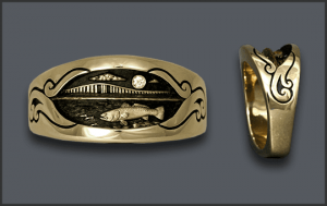 Men's 14 k Speckled Trout Ring with Diamond moon
