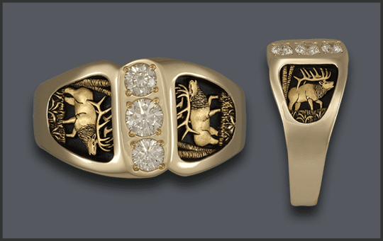 Men's 14 k 3 Diamond Elk Wedding Ring