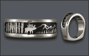 Men's Silver Elk Scene Wedding Ring Hybrid Band