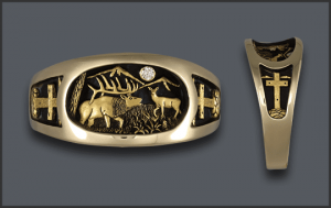 Mens Elk Ring with Diamond Moon and Cross on Sides