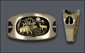 Men's 14 k Elk Ring with Diamond moon and elk track on sides