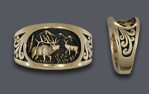 Men's 14 k Elk Ring No Diamond Moon With Cow Elk and Scroll Sides