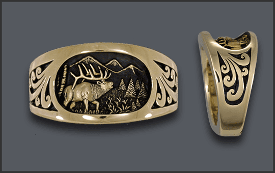 Men's 14 k Elk Ring No Diamond Moon, No Cow Elk with scroll sides