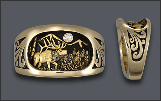 Men's 14 k Elk Ring with Diamond Moon No Cow Elk with scroll sides