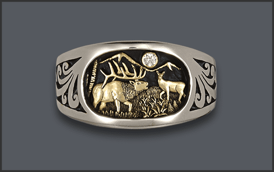 Silver Elk Ring with Diamond Moon and Scroll Sides