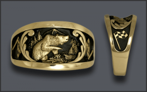 Men's Custom Bear Ring With Checkered Race Flag on each side