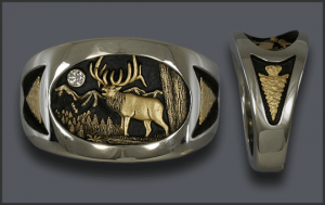 Men's White Gold Custom Bull Elk Ring With Arrowhead on each side