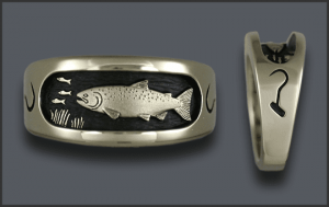 Men's Custom White Gold Chinook Salmon Ring With Longshore Hook on Each Side