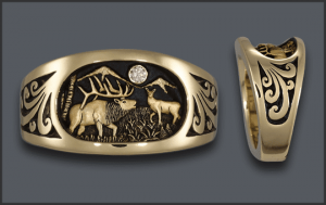 Men's Elk Ring with Diamond Moon and Cow Elk