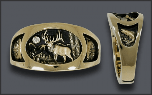 Men's Bull Elk Ring with Jumping Fish on sides