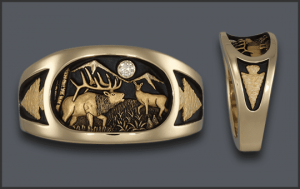 Men's Elk Ring With Diamond Moon and Knapped Arrowhead on the sides