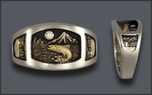 Jumping Fish Ring with Diamond Moon in White Gold