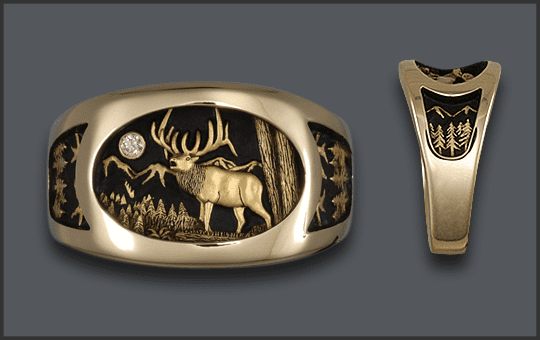 Mens Bull Elk Ring With Diamond Moon and Mountains and Trees on sides