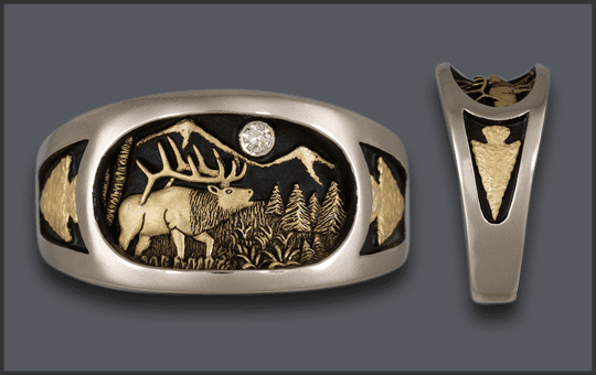 Men's Silver elk ring with diamond moon, no cow elk, with arrowhead on each side
