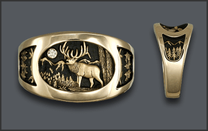 14kt MEN’S BULL ELK RING with 4pt. diamond moon, with Mountains and Trees on Sides