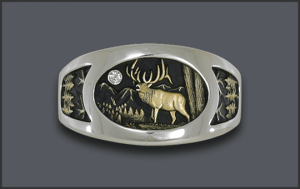 Silver Men's Bull Elk Ring with Diamond Moon